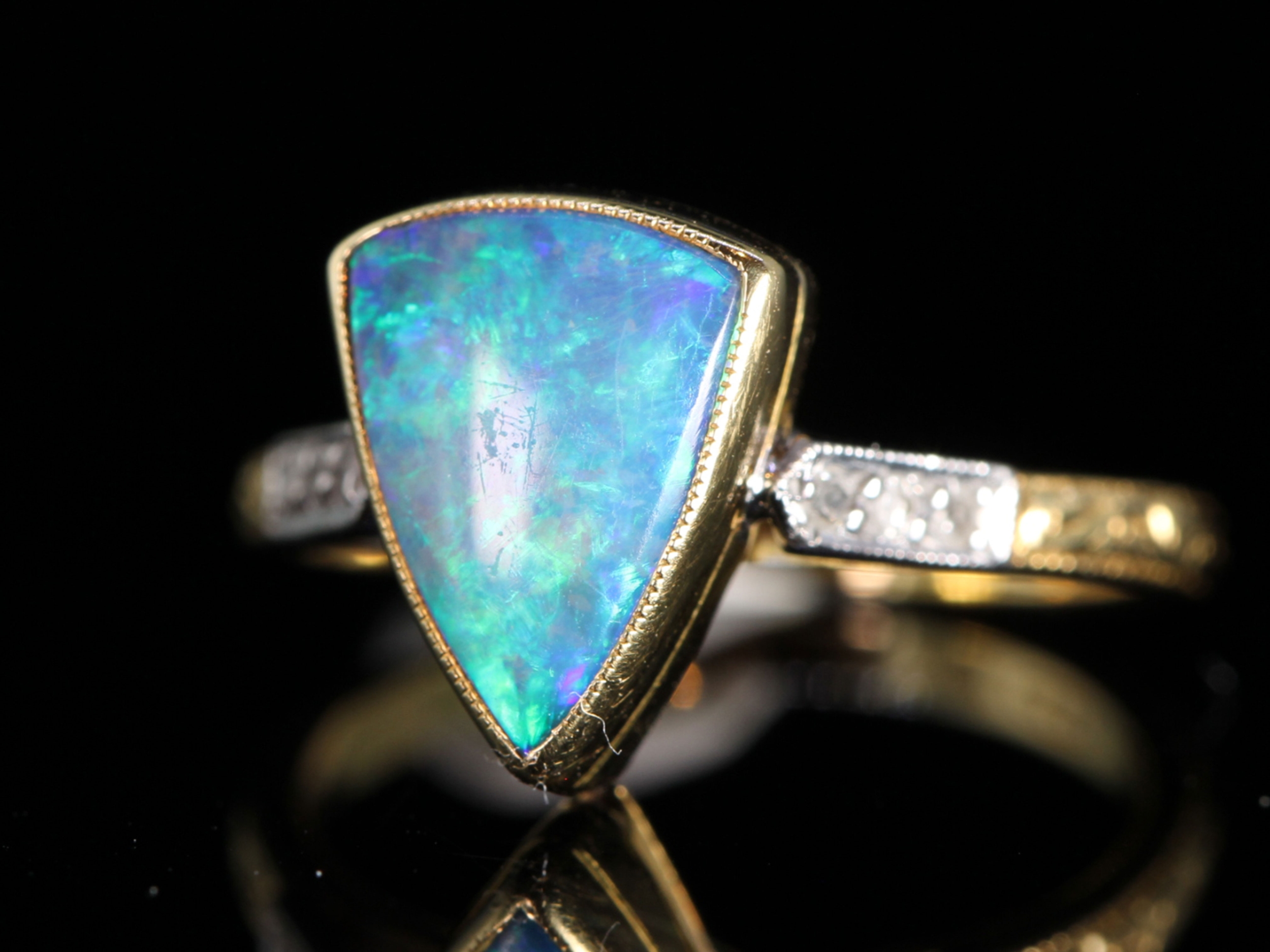 Vintage Trillion Cut Black Opal and Diamond 18ct Gold Ring 