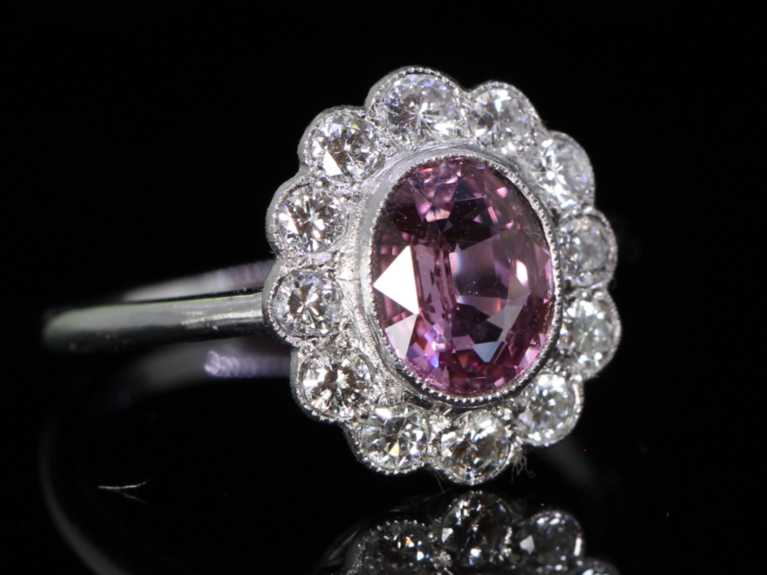 Gorgeous Pink Sapphire and Diamond Cluster Platinum Ring