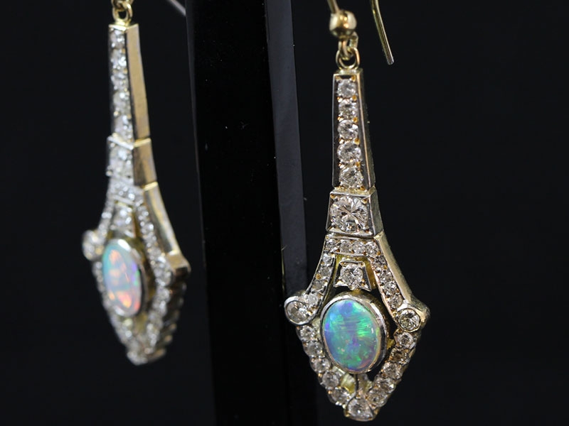 EXCEPTIONAL ART DECO INSPIRED OPAL AND DIMAOND LONG DROP 18 CARAT GOLD EARRINGS