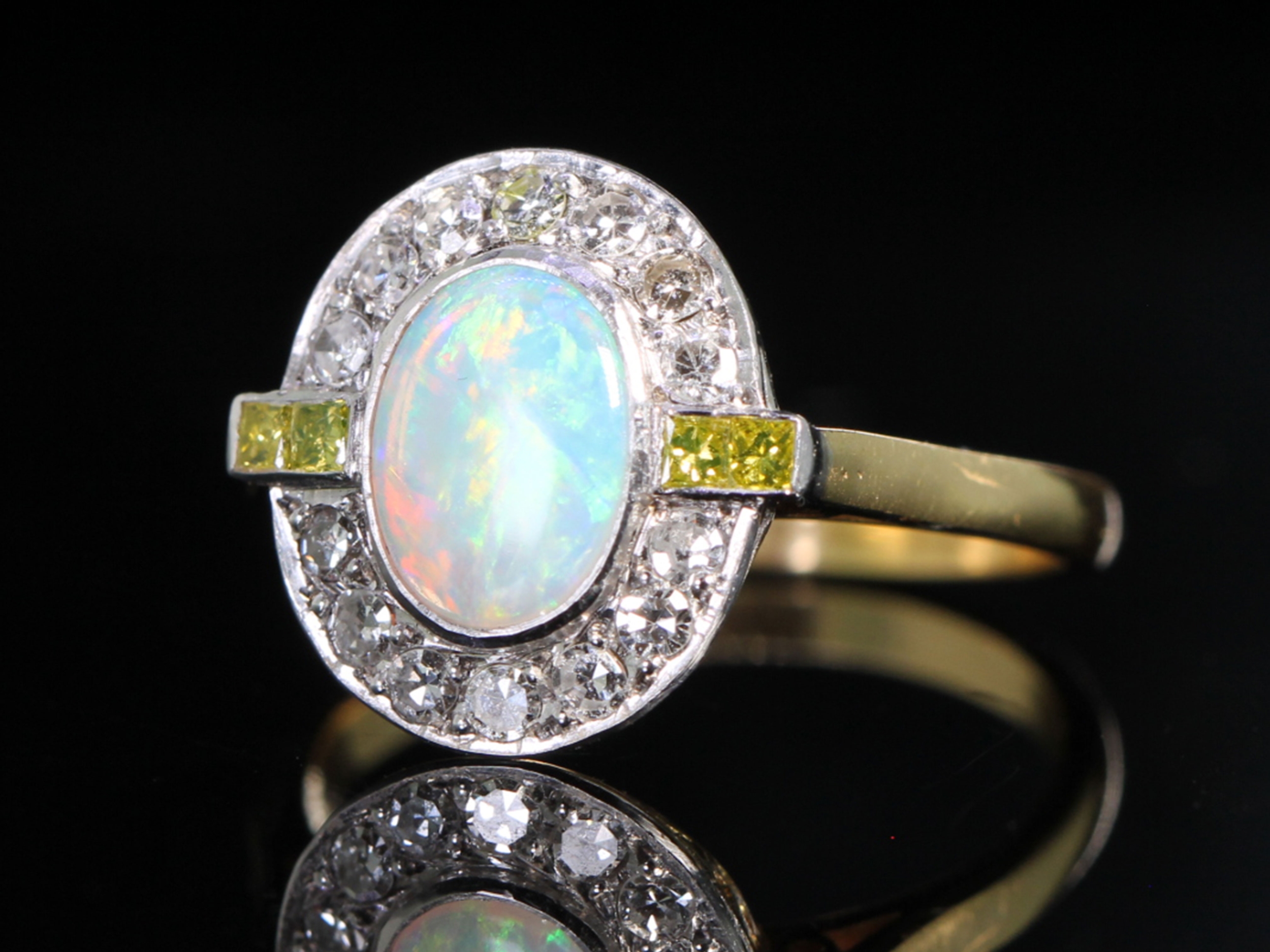 Art Deco Style Opal and Diamond 18ct Gold Cluster Ring 