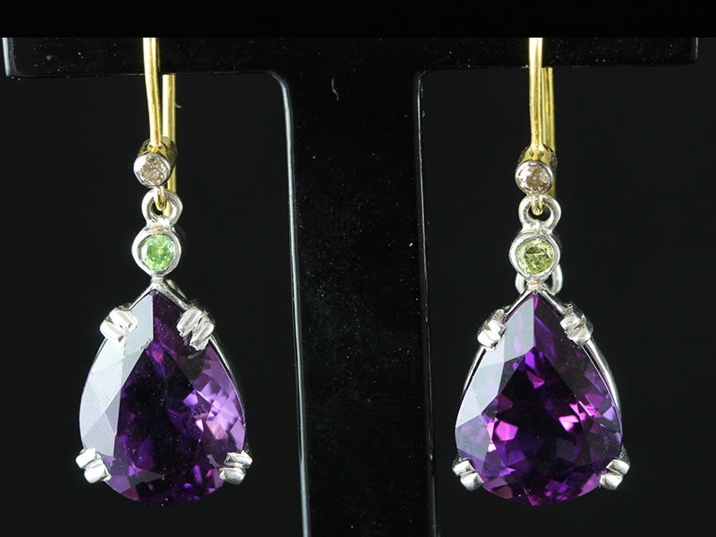 STUNNING AMETHYST, PERIDOT AND DIAMOND SILVER SET GOLD EARRINGS