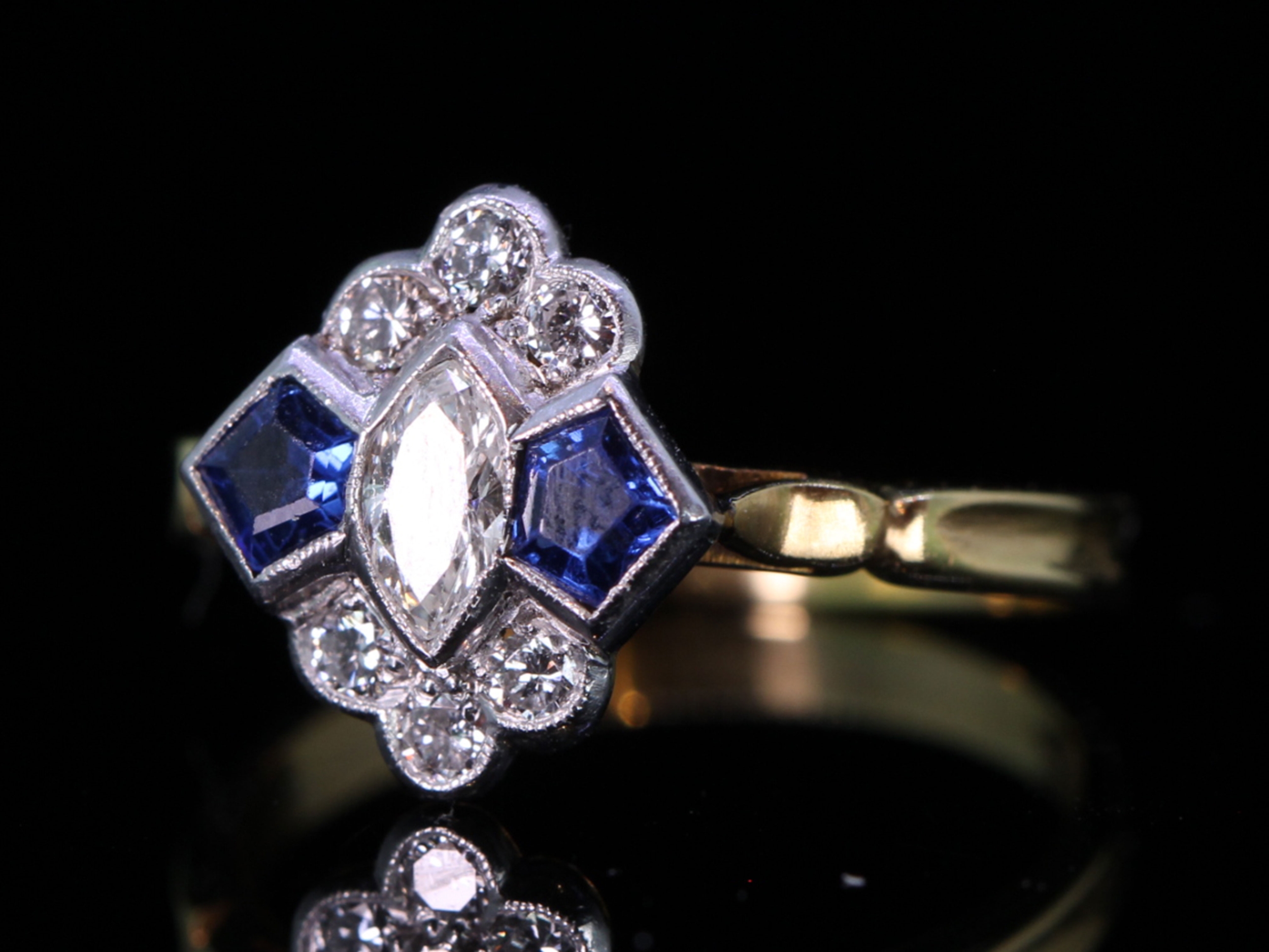   Art Deco Diamond and Sapphire 18ct Gold and Platinum Cluster Ring