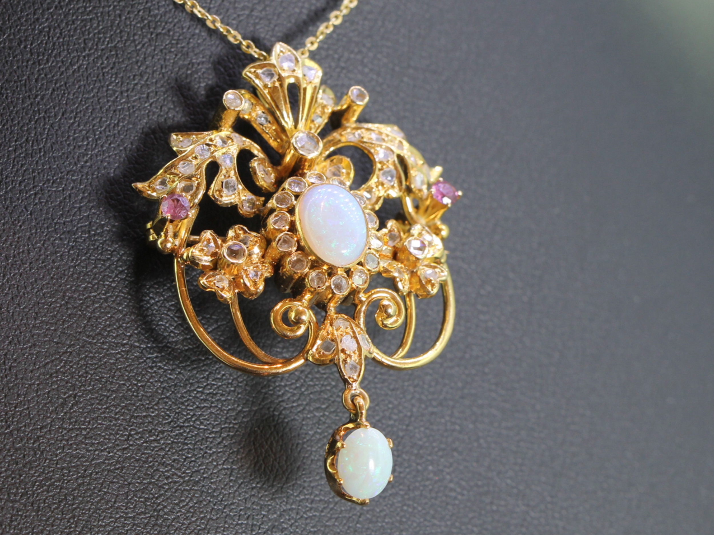  Stunning Opal, Diamond and Ruby 18 Carat Gold Pendant/Brooch