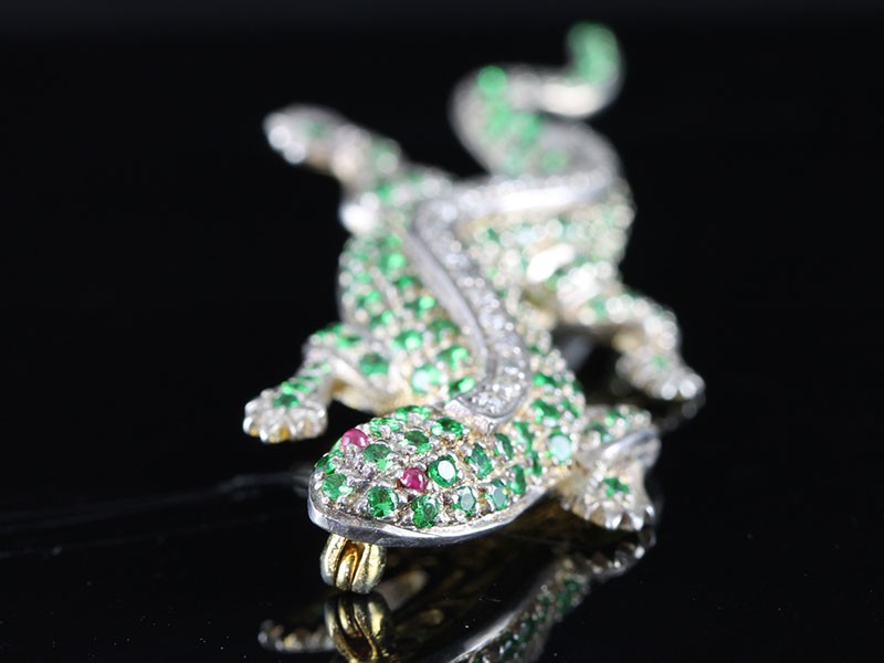  FABULOUS TSAVORITE, RUBY AND DIAMOND GOLD AND SILVER GECKO LIZARD