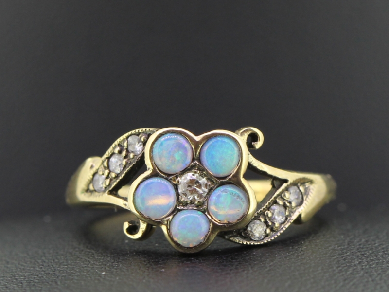 COLOURFUL OPAL AND DIAMOND DAISY 9 CARAT GOLD RING