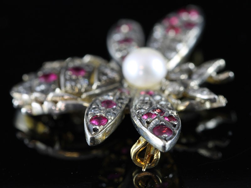 FABULOUS NATURAL RUBY, PEARL AND DIAMOND BUTTERFLY SILVER/GOLD BROOCH