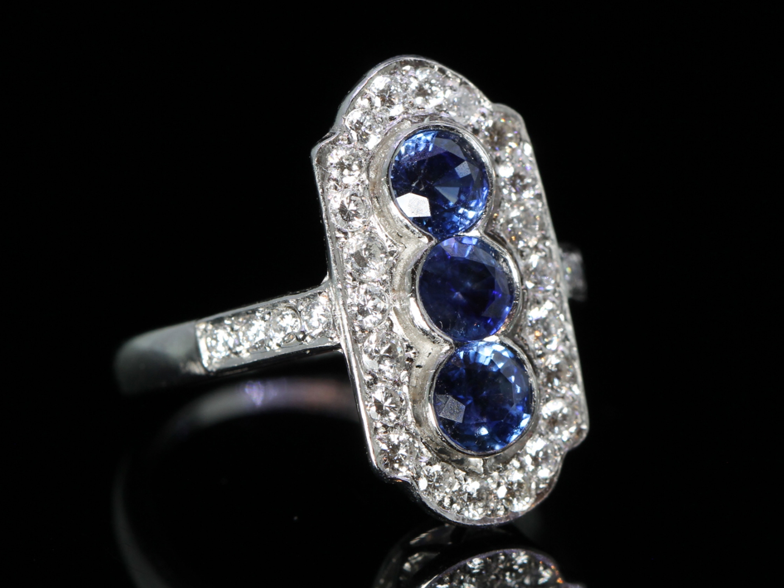 Art Deco Style Sapphire and Diamond Platinum Panel Ring