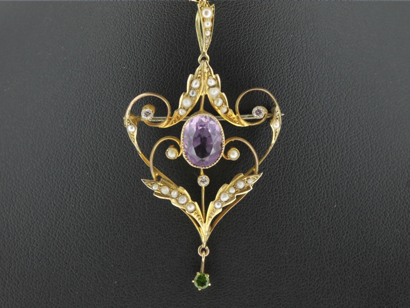 SPECTACULAR EDWARDIAN SEED PEARL, DIAMOND, AMETHYST, GREEN GARNET 9CT BROOCH-PENDANT