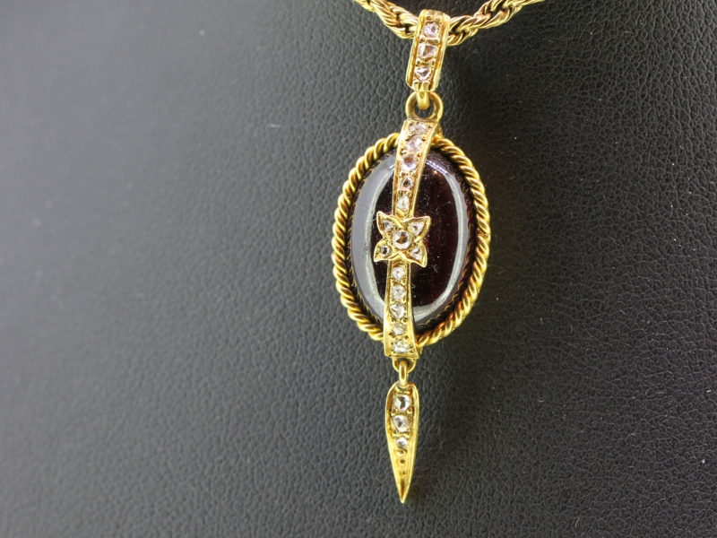 MAGNIFICENT GARNET AND DIAMOND MOURNING PENDANT 