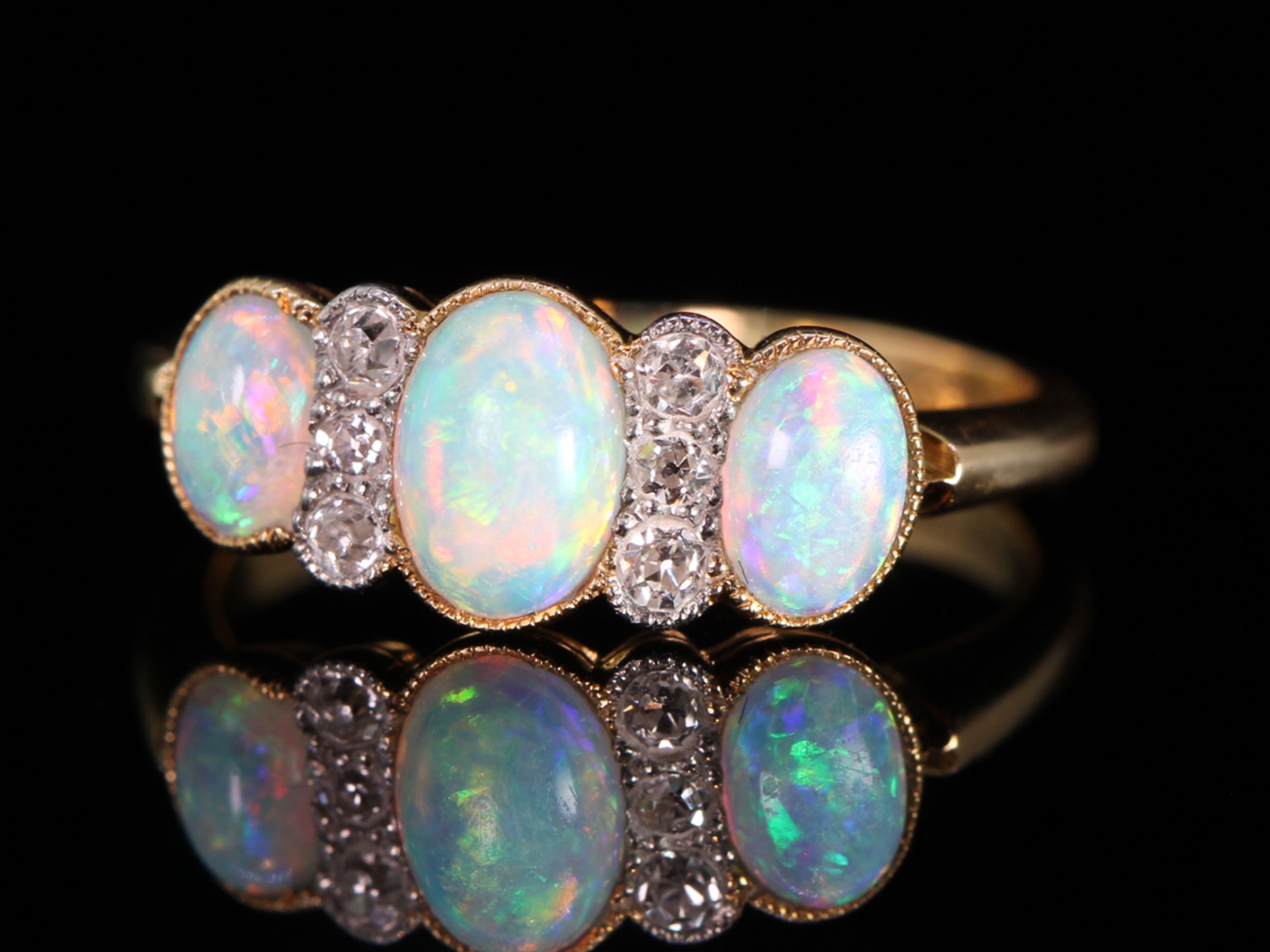  Victorian Three Stone Opal and Diamond 18ct Gold Ring