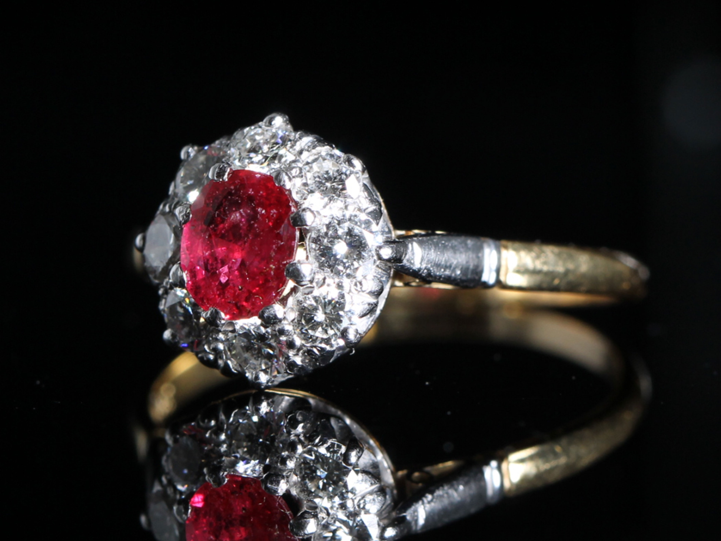 Art Deco Ruby and Diamond Platinum and 18ct Gold Cluster Ring