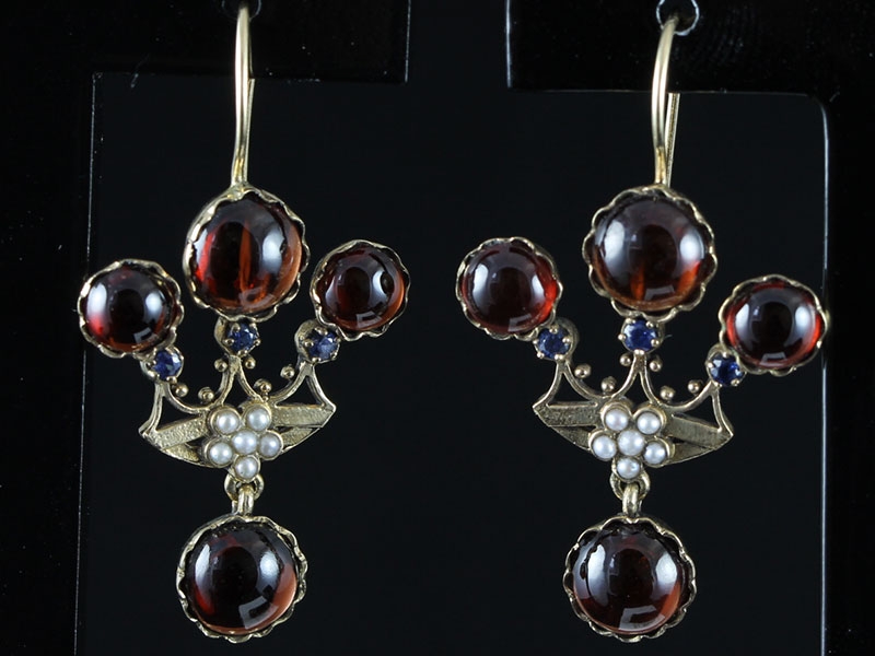 VICTORIAN INSPIRED LARGE GARNET SAPPHIRE & PEARL 15 CARAT GOLD  EARRINGS