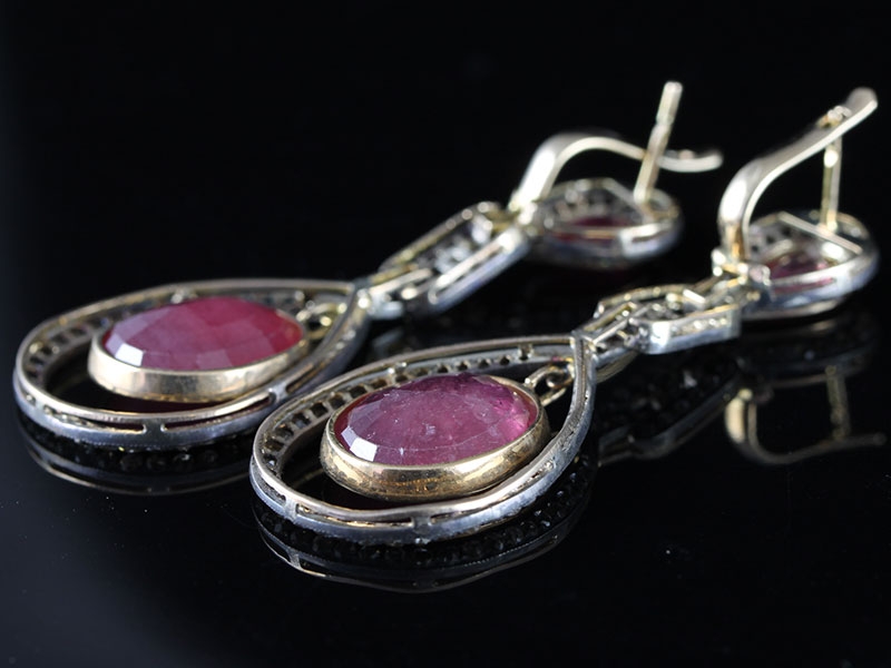 DRAMATIC RUBY AND ROSE CUT DIAMOND GOLD AND SILVER EARRINGS