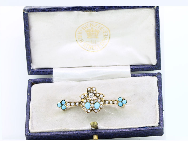 FABULOUS TURQUOISE PEARL AND DIAMOND DOUBLE HEART 15 CARAT GOLD BROOCH