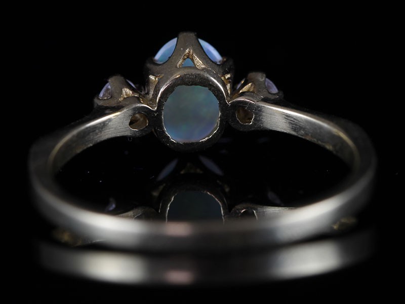 STYLISH  3 STONE OPAL AND DIAMOND 9 CARAT GOLD RING