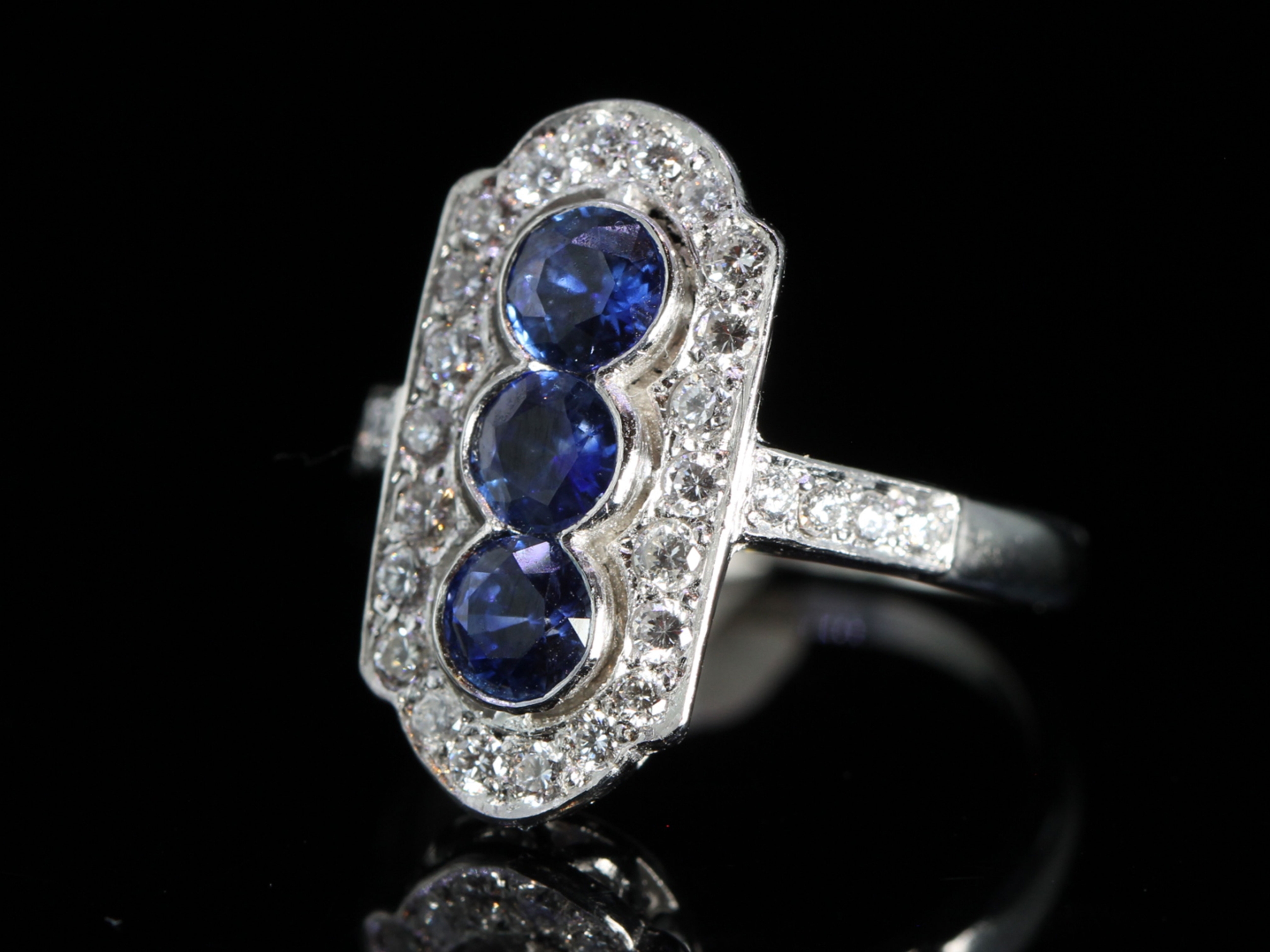 Art Deco Style Sapphire and Diamond Platinum Panel Ring