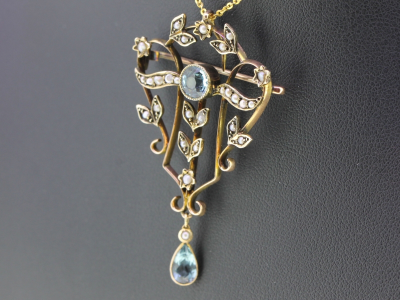 BEAUTIFUL EDWARDIAN AQUAMARINE AND SEED PEARL 9 CARAT GOLD PENDANT/BROOCH