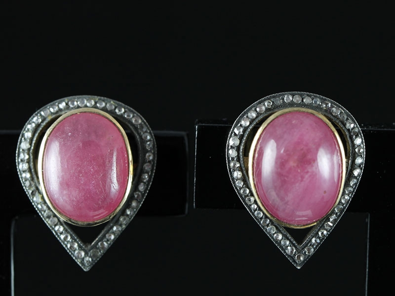 FABULOUS CABOCHON RUBY AND DIAMOND 18 CARAT GOLD/SILVER EARRINGS