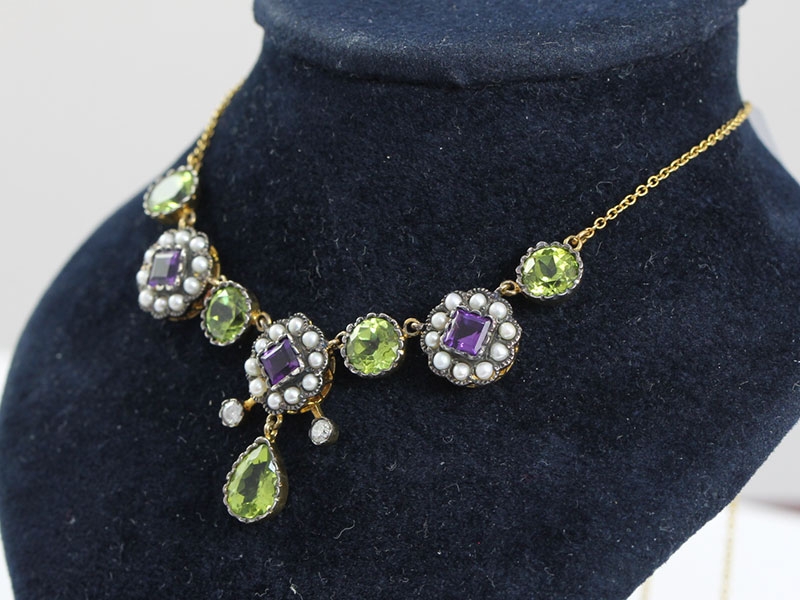 STUNNING SUFFRAGETTE EDWARDIAN AMETHYST PERIDOT PEARL AND DIAMOND 9 CARAT GOLD NECKLACE