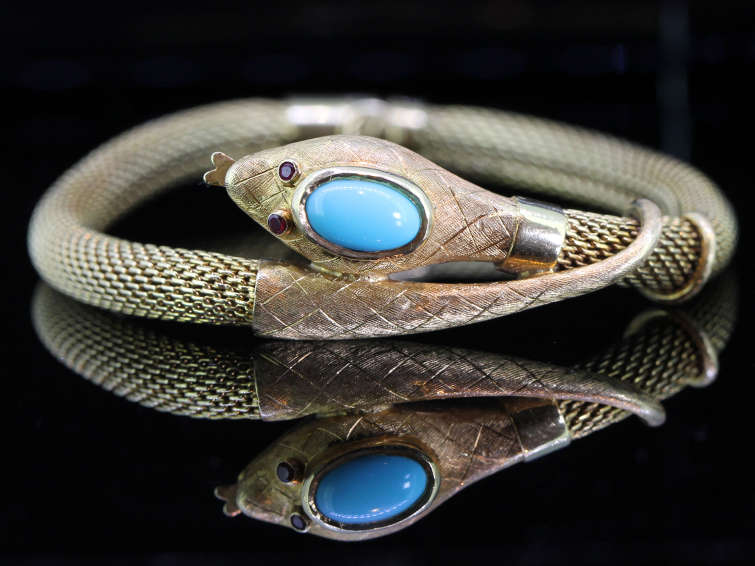 Incredible 18 Carat Gold Turquoise Ruby Snake Bracelet