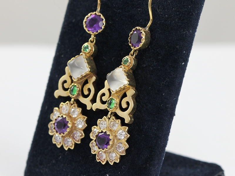 Diamond  Moonstone Amethyst Demantoid 15 Carat Gold Earrings