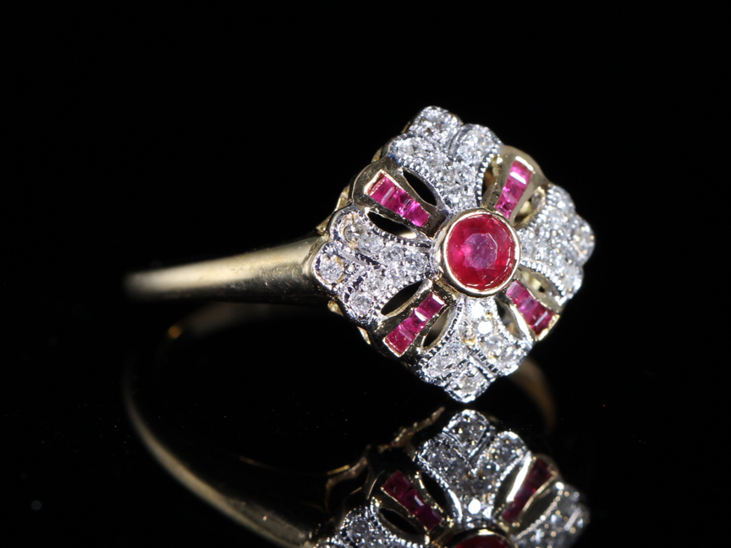 An Estate Ruby and Diamond 18ct Art Deco Style Ring