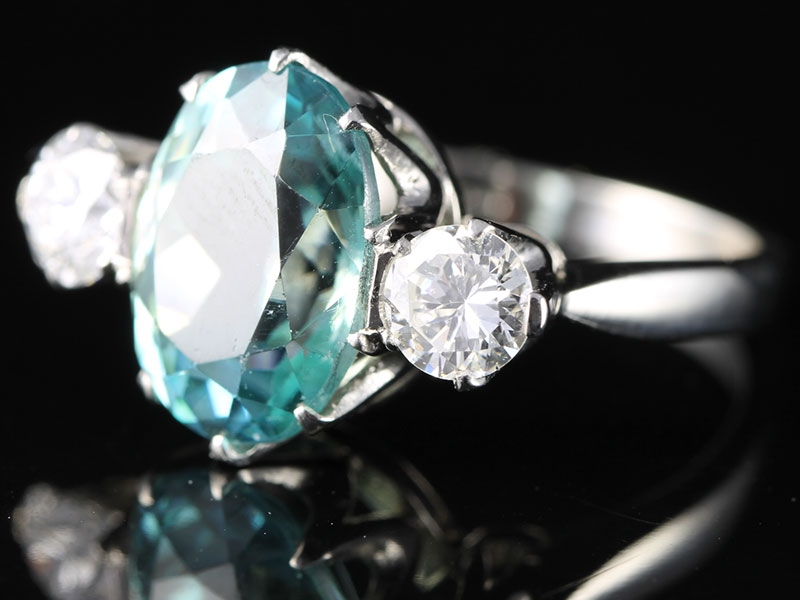 FABULOUS RARE 8.23CT NATURAL BLUE ZIRCON AND DIAMOND PLATINUM TRILOGY RING