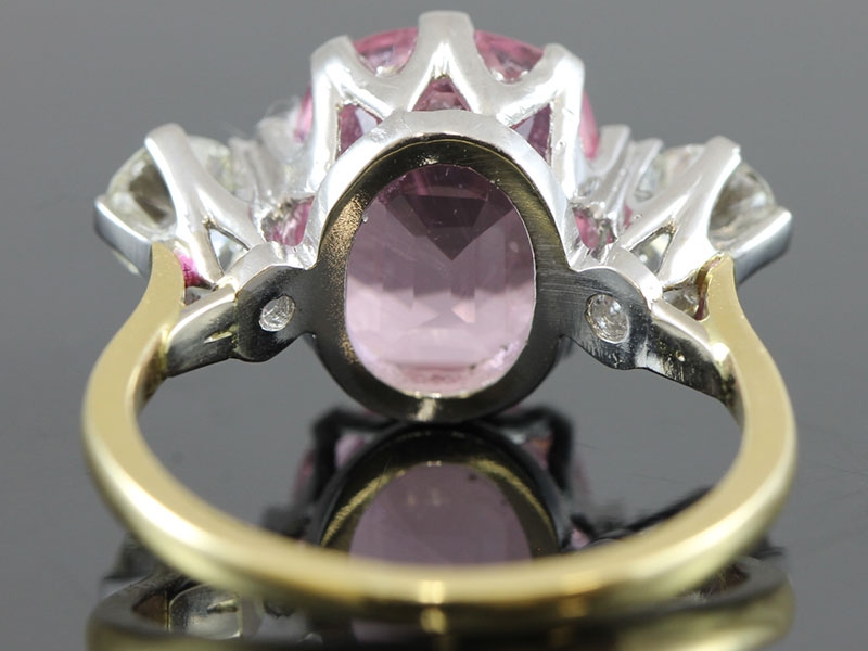 GORGEOUS PINK TOURMALINE AND DIAMOND 18 CARAT GOLD TRILOGY RING