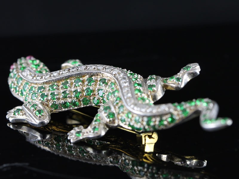  FABULOUS TSAVORITE, RUBY AND DIAMOND GOLD AND SILVER GECKO LIZARD