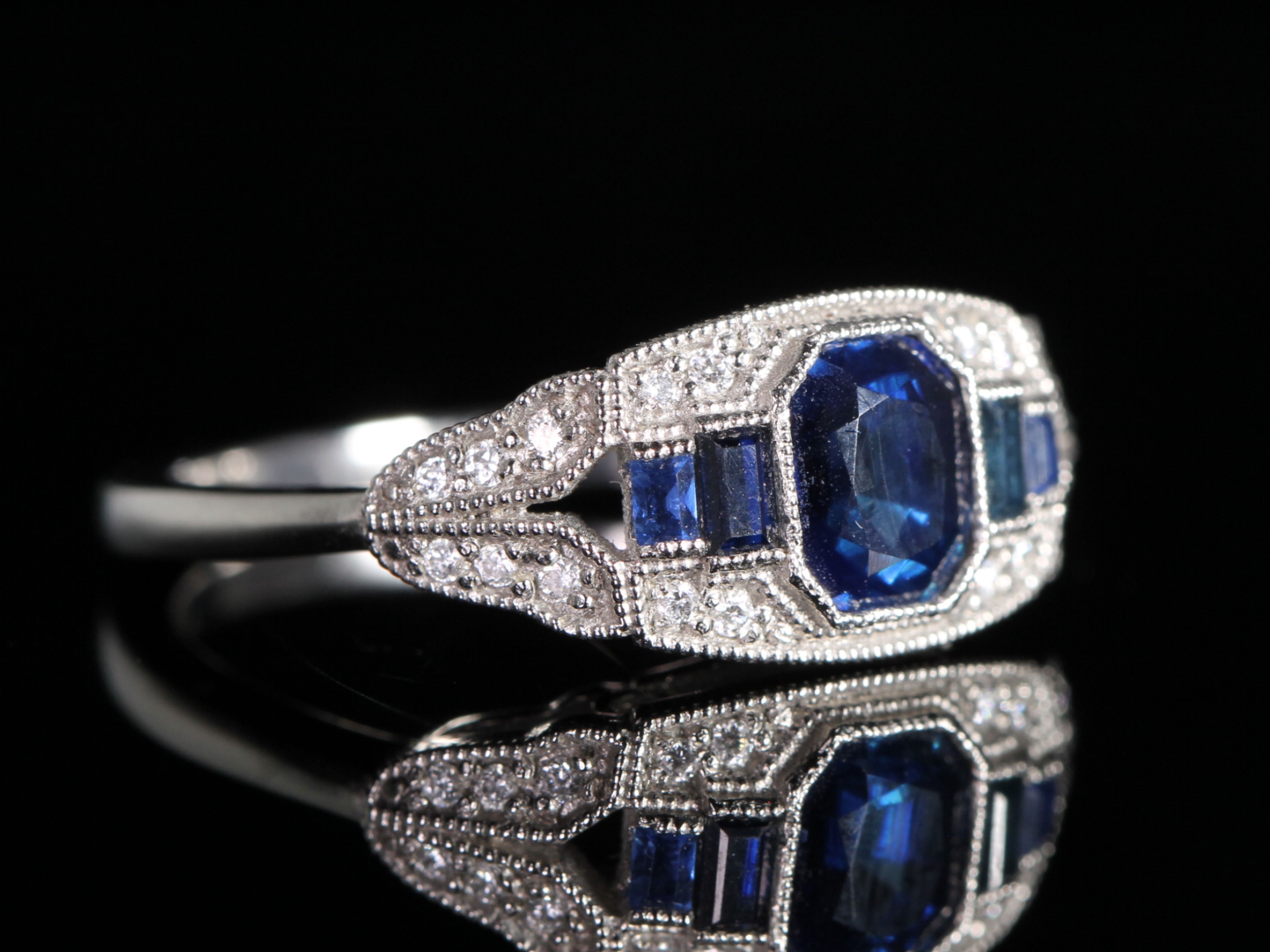 Art Deco Style Sapphire and Diamond Platinum Ring