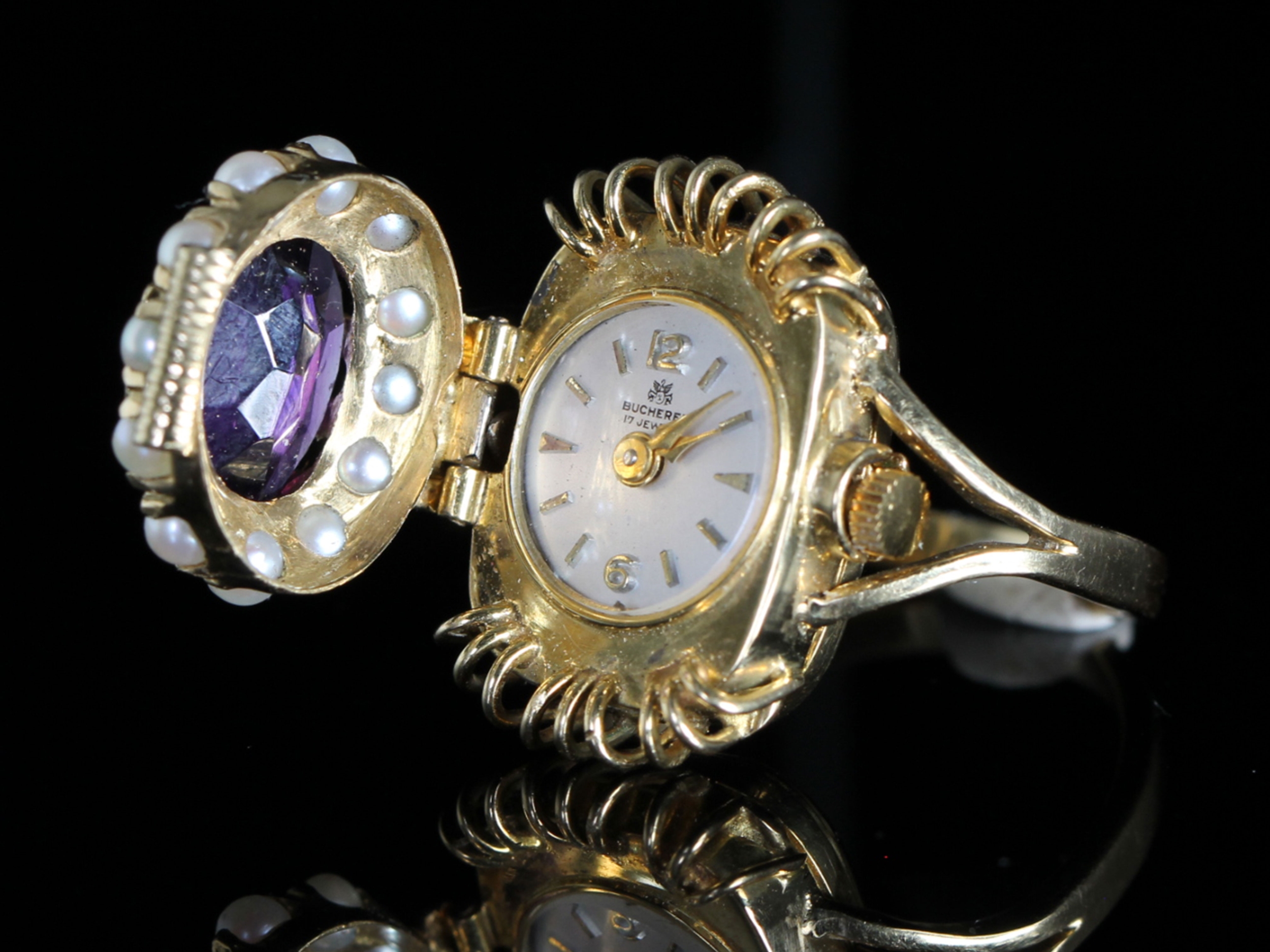 Vintage Bucherer Amethyst and Pearl Watch Ring 18ct Gold