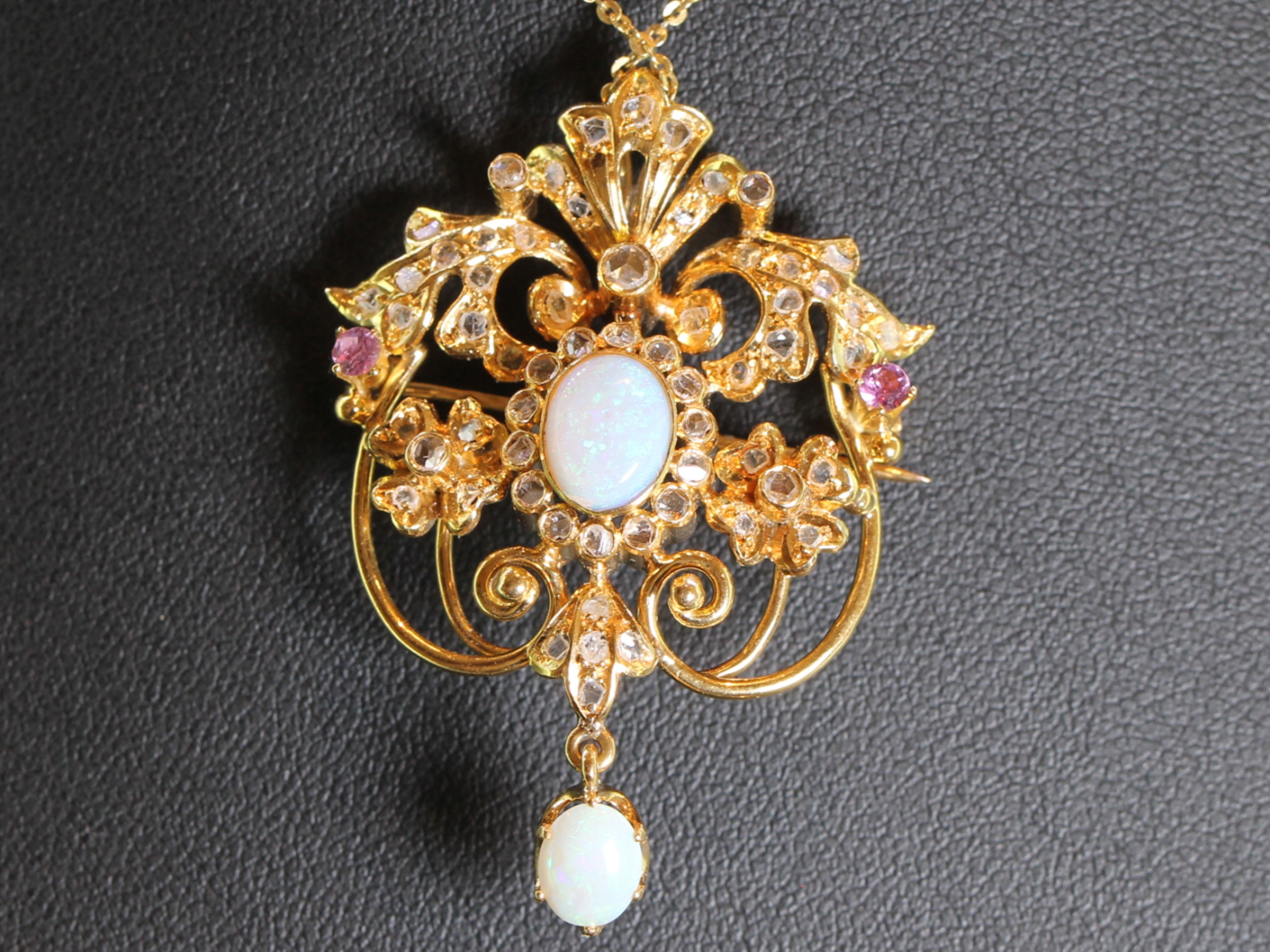  Stunning Opal, Diamond and Ruby 18 Carat Gold Pendant/Brooch