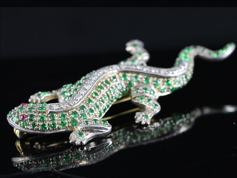  FABULOUS TSAVORITE, RUBY AND DIAMOND GOLD AND SILVER GECKO LIZARD