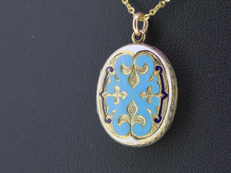 GORGEOUS VICTORIAN GOLD BLUE BLACK WHITE ENAMEL 9 CARAT GOLD MOURNING LOCKET