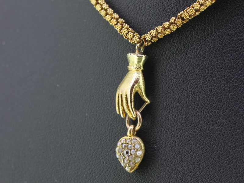 UNIQUE 15 CARAT GOLD HAND AND CHAIN WITH A PEARL AND DIAMOND HEART PENDANT