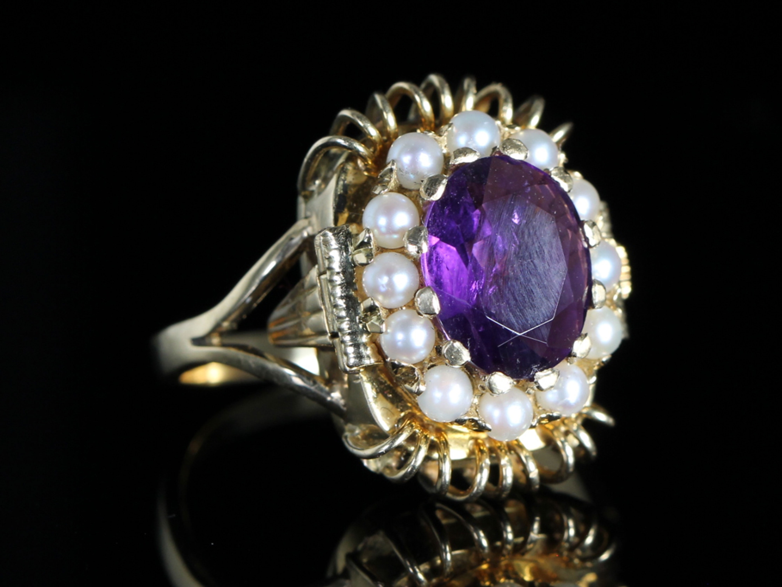 Vintage Bucherer Amethyst and Pearl Watch Ring 18ct Gold