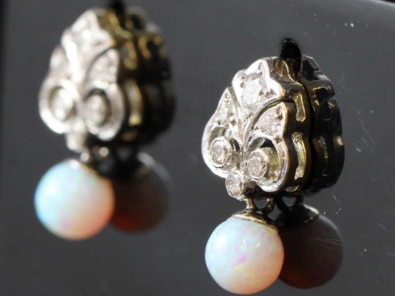 FANTASTIC OPAL AND DIAMOND ART DECO INSPIRED 18 CARAT GOLD EARRINGS