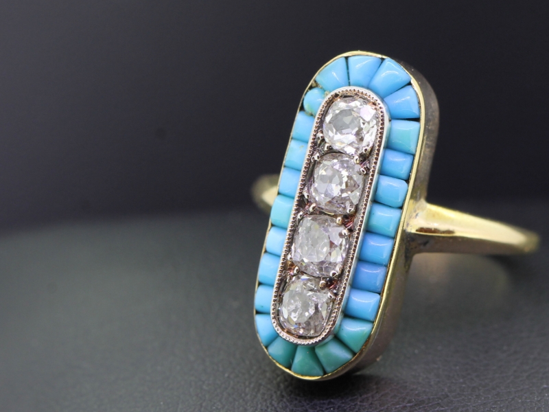 FABULOUS VICTORIAN DIAMOND AND TURQUOISE 18 CARAT GOLD PLAQUE RING