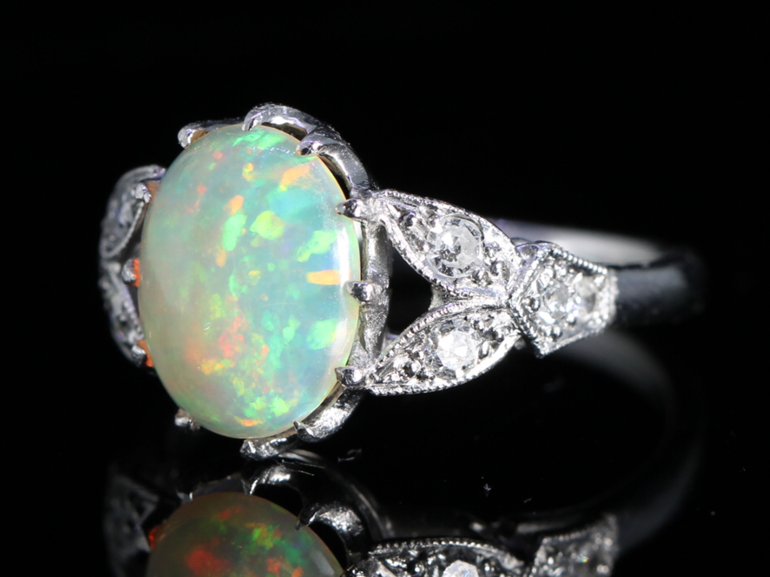 Vintage Art Deco Style 2.50ct Opal and Diamond Platinum Ring