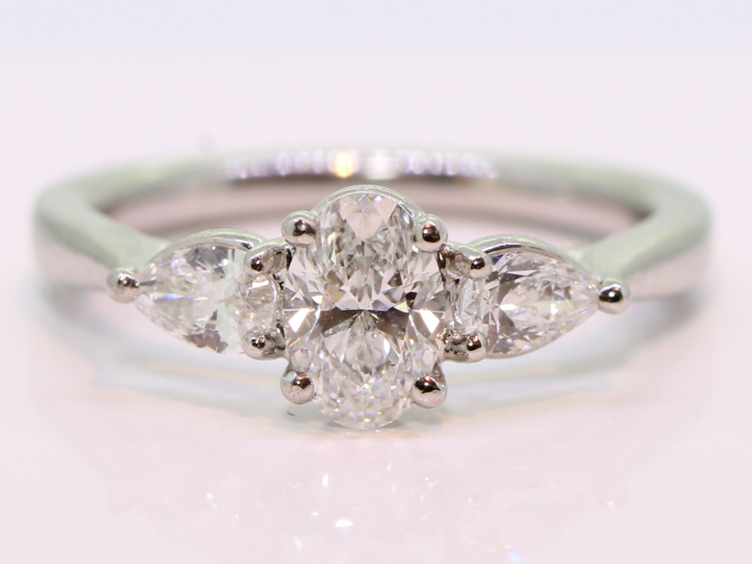 Romantic Platinum Oval and Pear Shape Diamond Trilogy Ring 