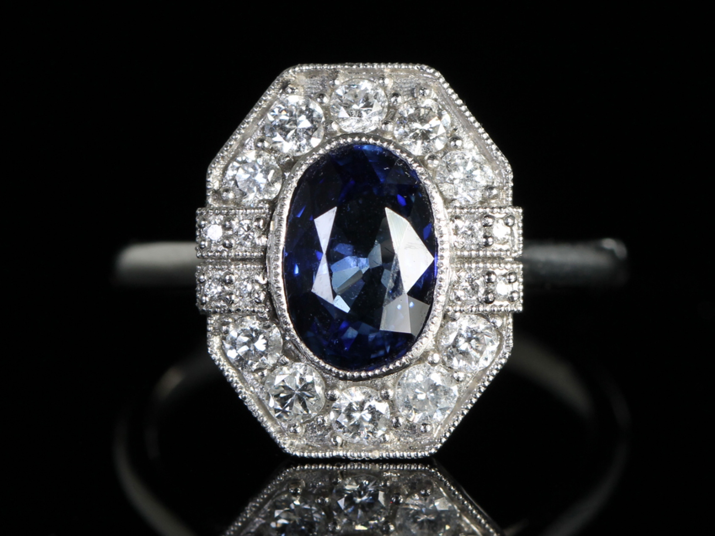 Vintage Sapphire and Diamond Platinum Cluster Ring