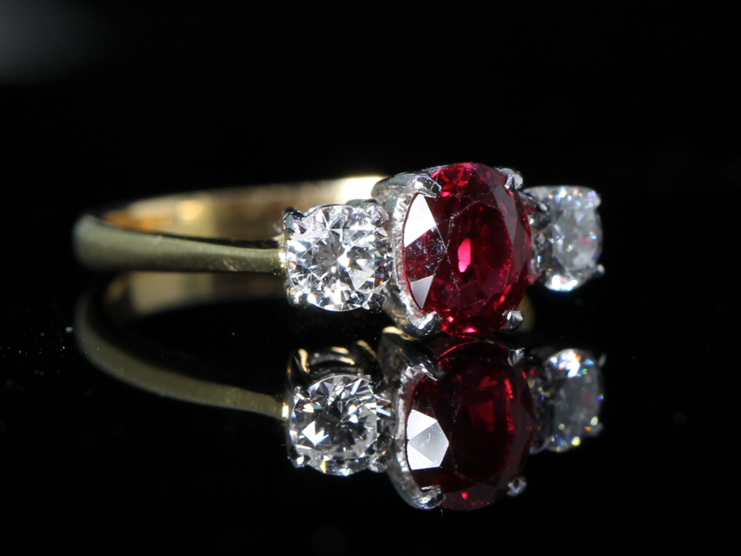 Vintage Burmese Ruby and Diamond 18ct Gold Trilogy Ring