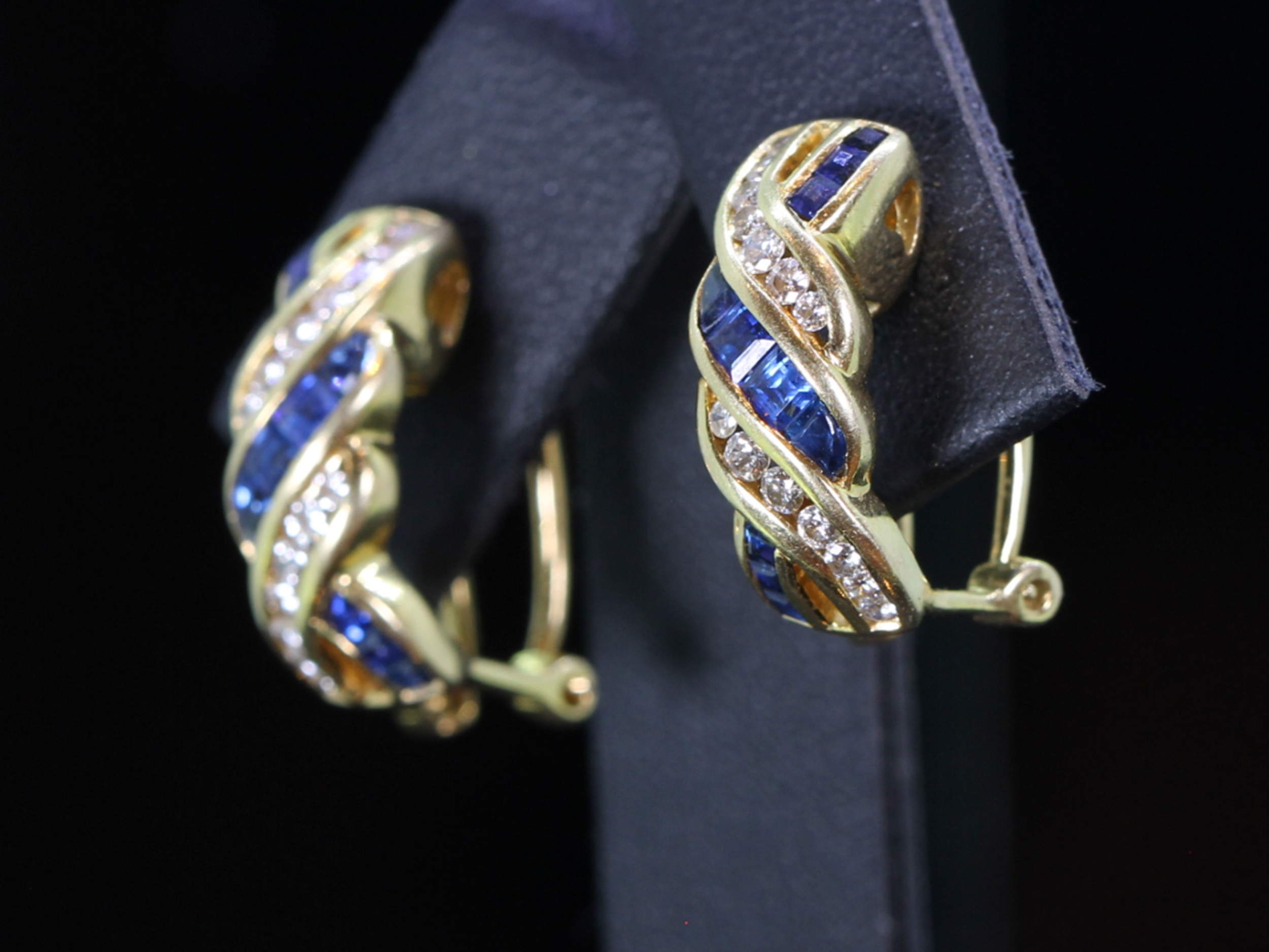 Retro Sapphire and Diamond Huggie 18ct Gold Earrings 