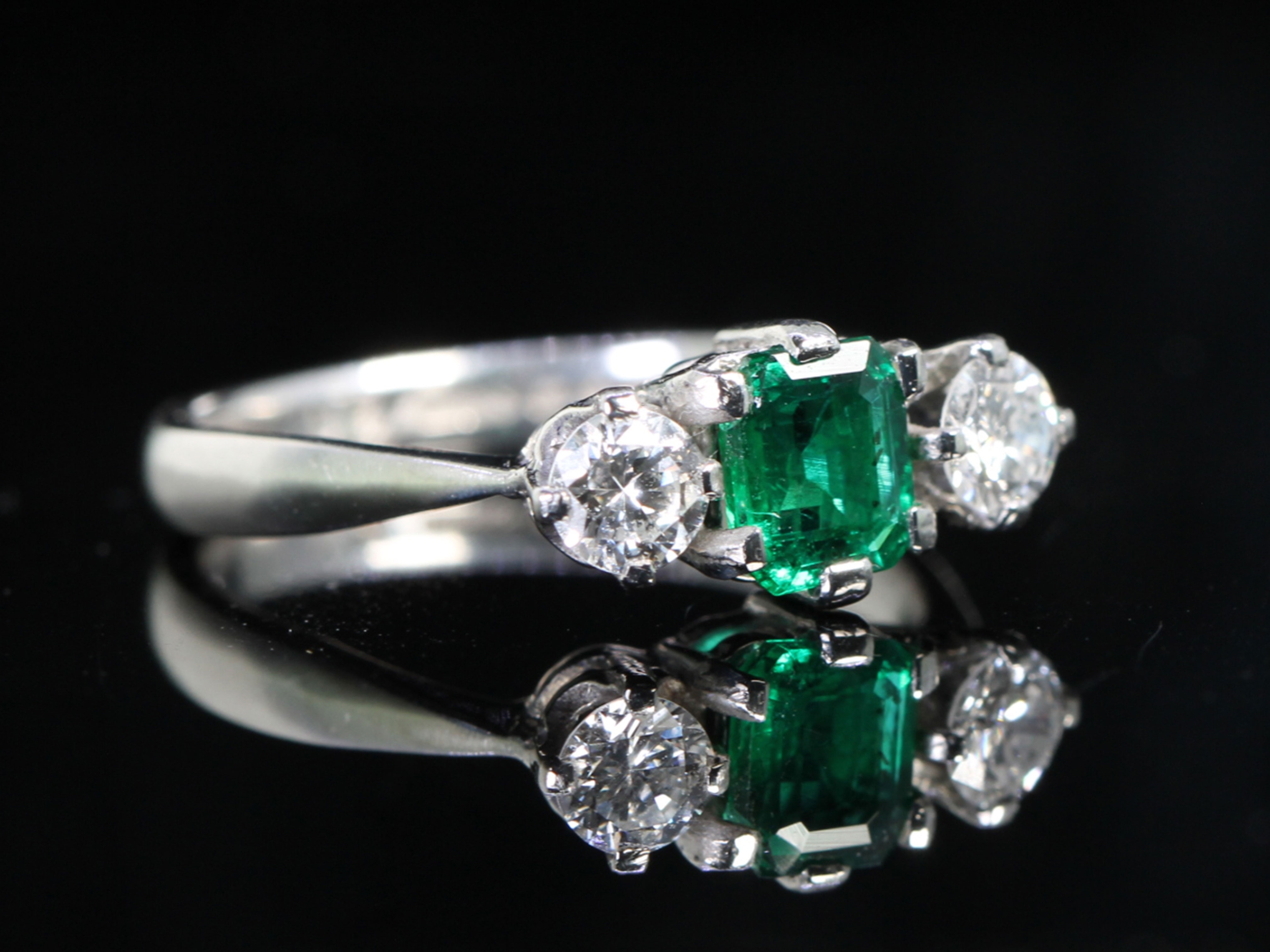 Vintage Dates 1959 Emerald and Diamond Platinum Trilogy Ring