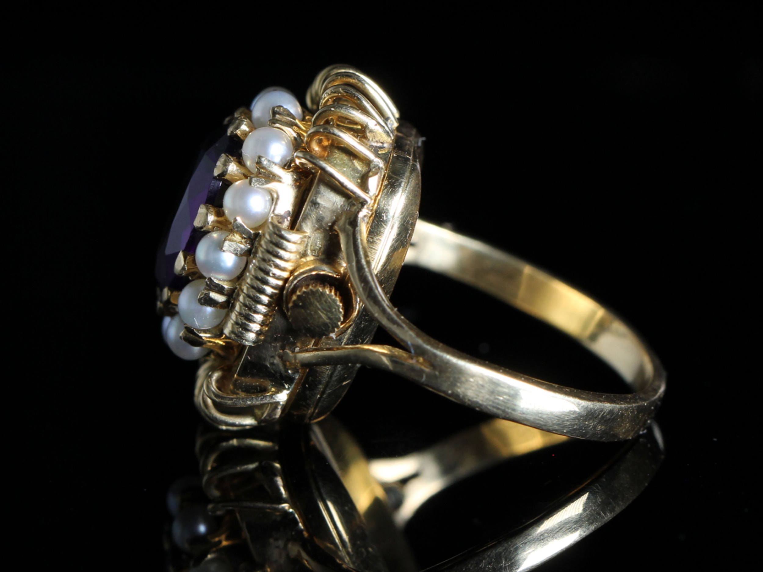 Vintage Bucherer Amethyst and Pearl Watch Ring 18ct Gold