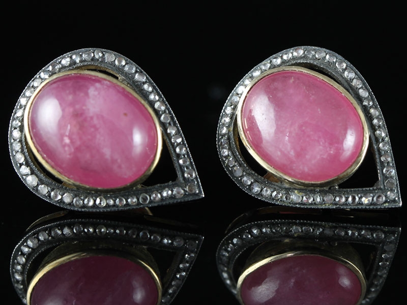 FABULOUS CABOCHON RUBY AND DIAMOND 18 CARAT GOLD/SILVER EARRINGS