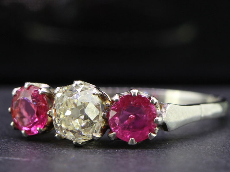 STUNNING BURMESE RUBY AND DIAMOND THREE STONE PLATINUM RING