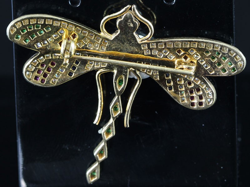 MAGNIFICENT TSAVORITE, RUBY, SAPPHIRE AND DIAMOND JEWELLED DRAGONFLY SILVER/GOLD BROOCH