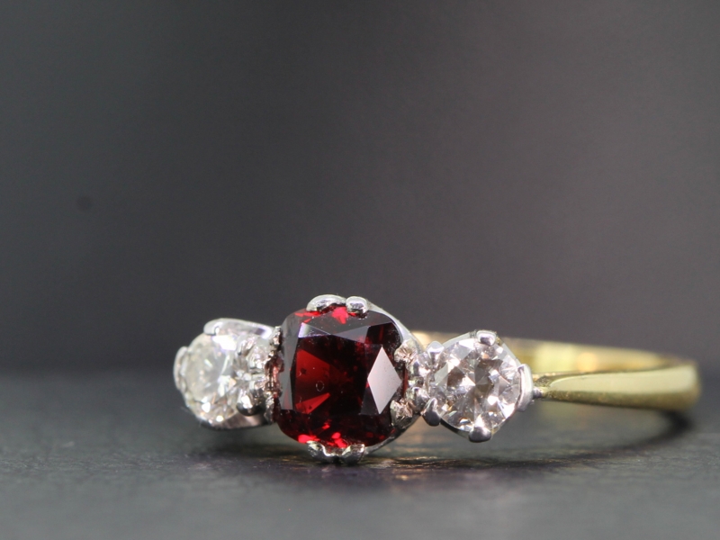 STUNNING NATURAL RUBY AND DIAMOND 18 CARAT GOLD TRILOGY RING