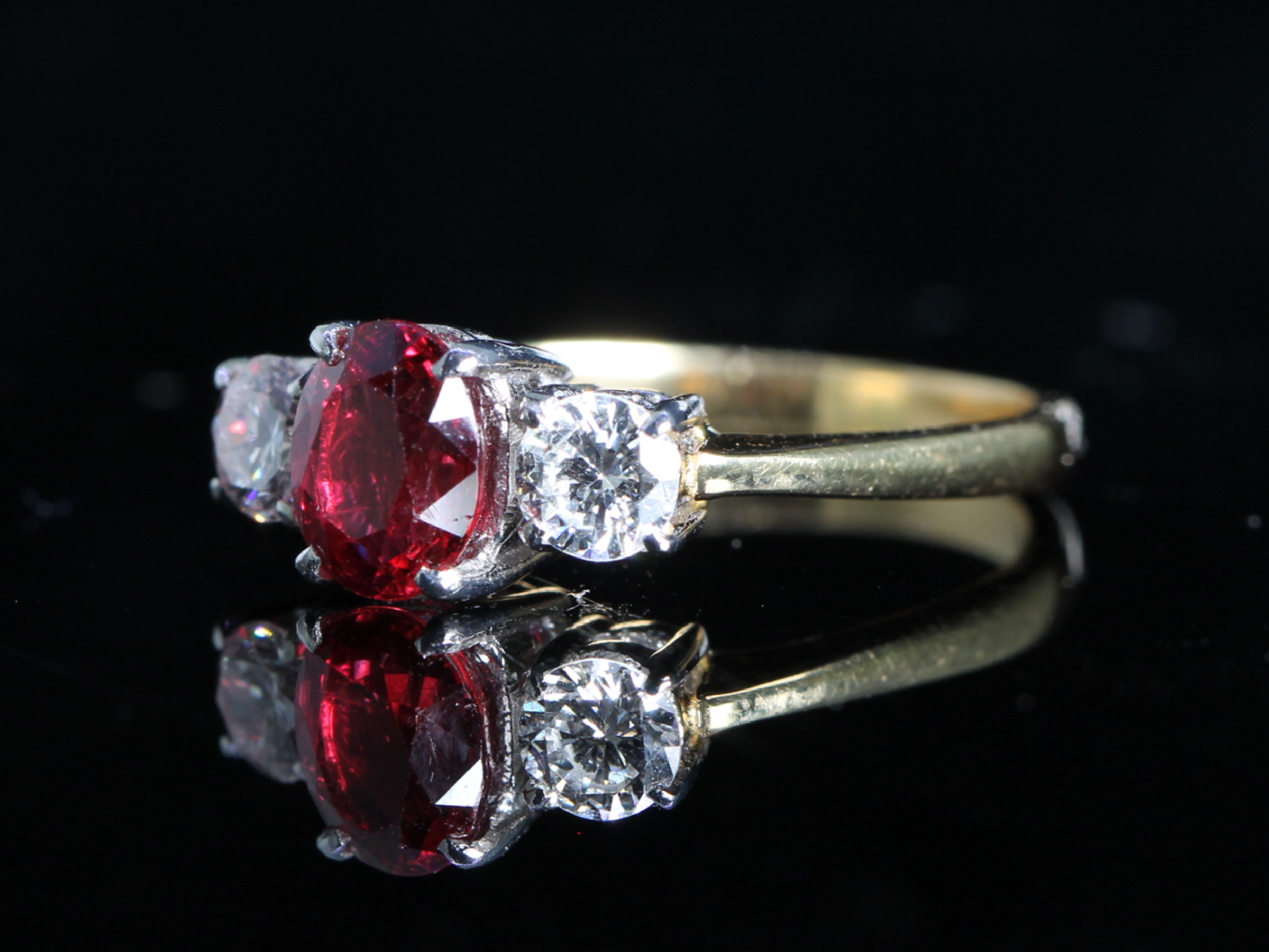 Vintage Burmese Ruby and Diamond 18ct Gold Trilogy Ring